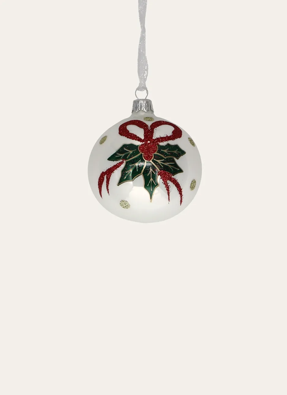 BOULE À PAILLETTES NOEUD ET FEUILLE DE HOUX BLANC