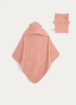 CAPE DE BAIN ET GANT DE TOILETTE EN ÉPONGE CHATON ROSE