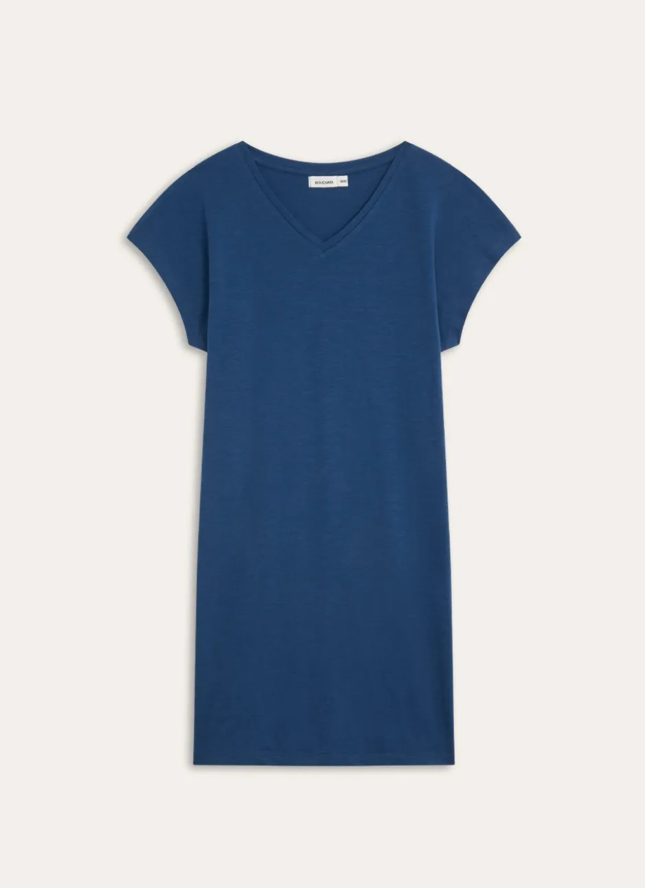 CHEMISE DE NUIT MANCHES COURTES COL V EN COTON MARINE