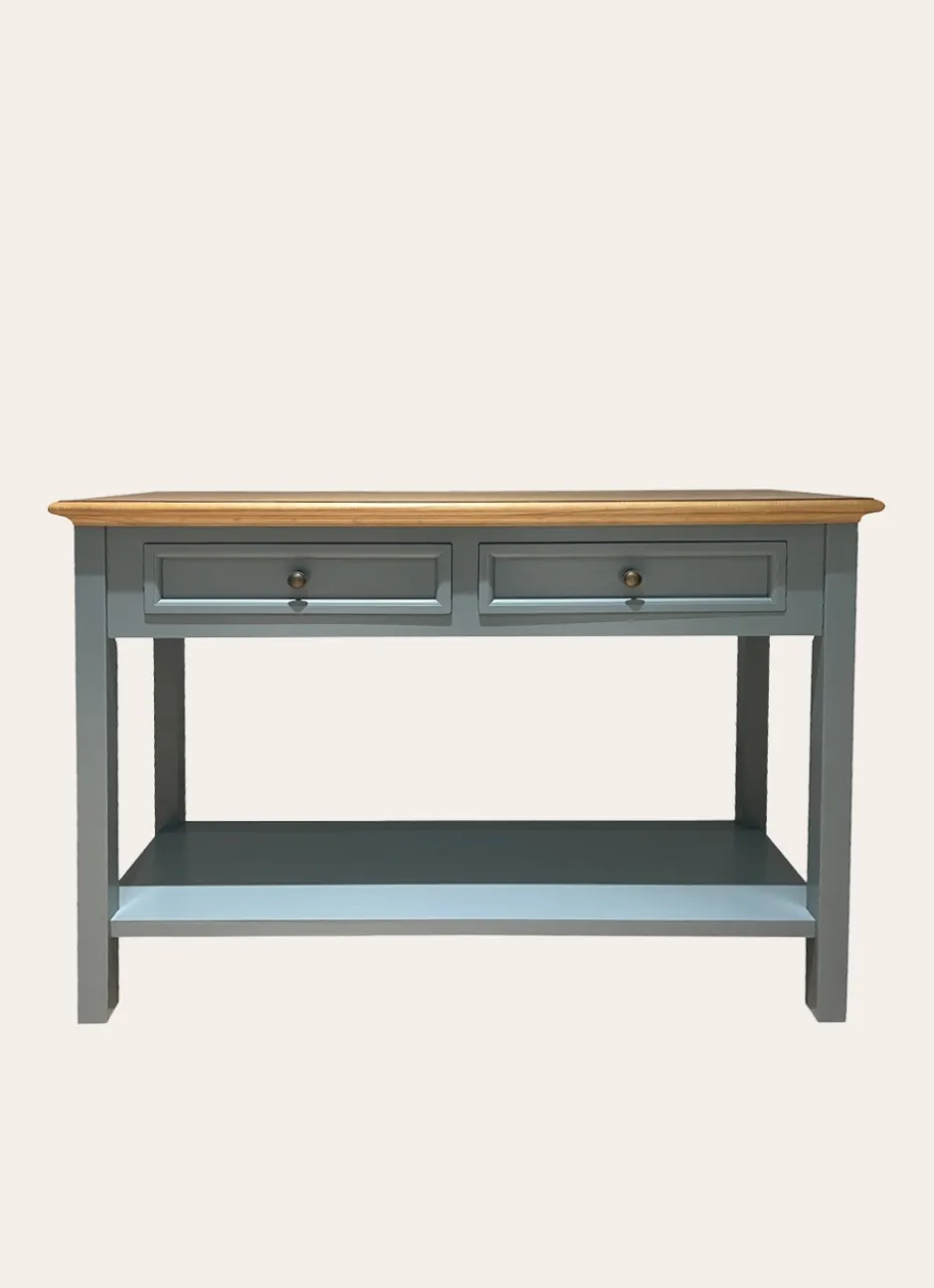 CONSOLE AVEC 2 TIROIRS ET 1 ÉTAGÈRE BOIS NATUREL/VERT