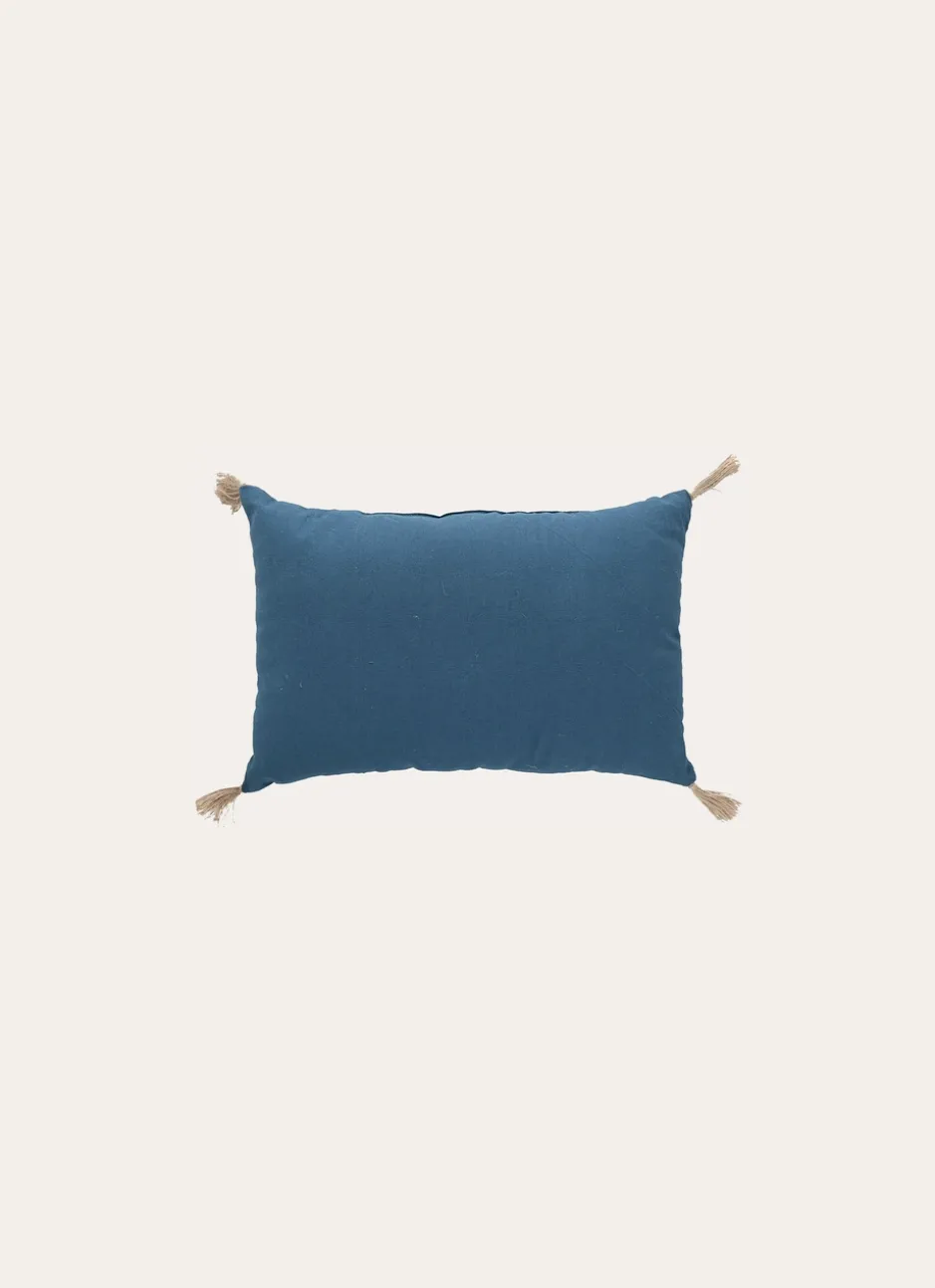 COUSSIN EN COTON UNI AVEC POMPONS EN JUTE BLEU