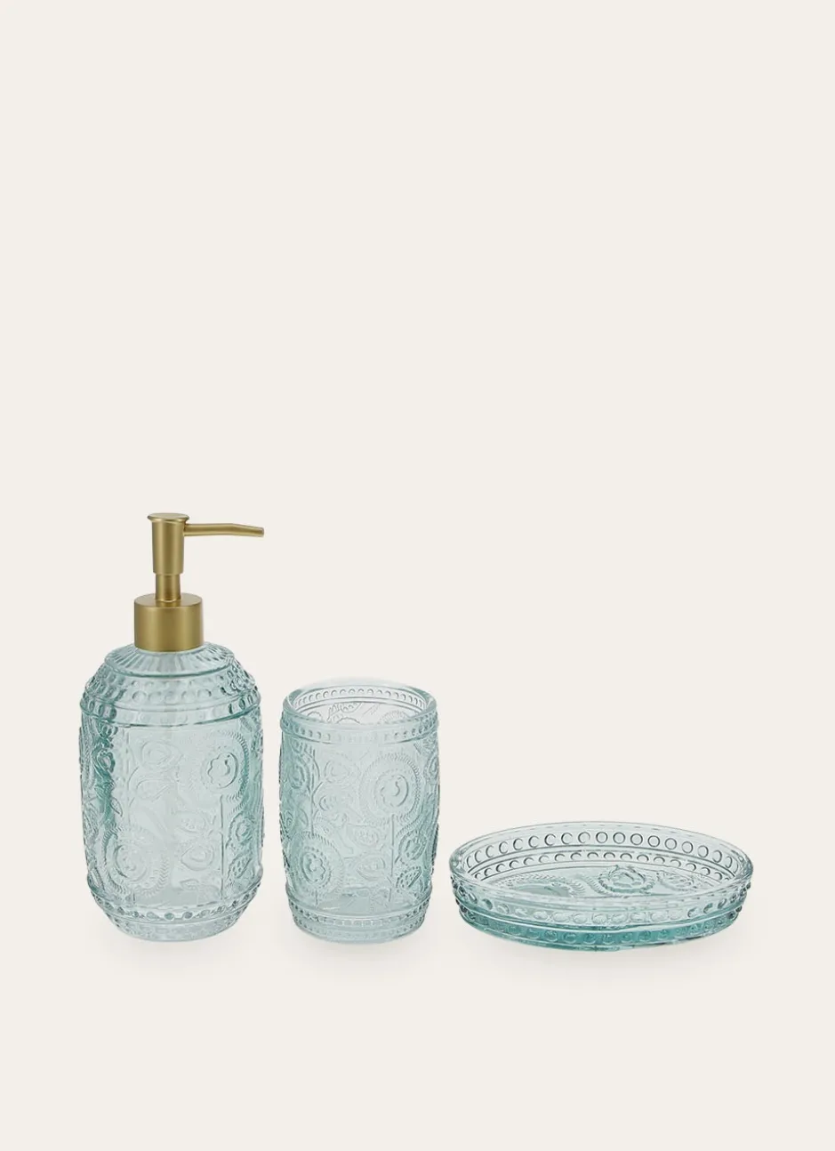 DISTRIBUTEUR DE SAVON EN VERRE GRAVURES DE FLEURS BLEU CLAIR