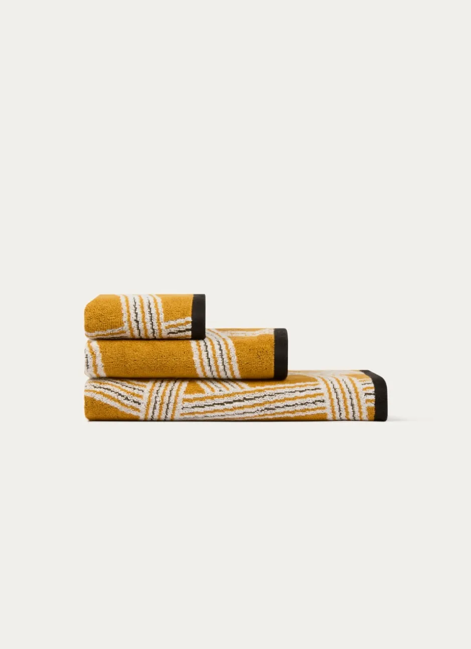 DRAP DE DOUCHE JACQUARD MOTIFS GÉOMÉTRIQUES JAUNE OCRE