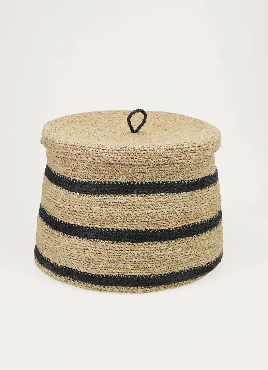 GRAND PANIER EN FIBRES NATURELLES AVEC COUVERCLE NATUREL / NOIR