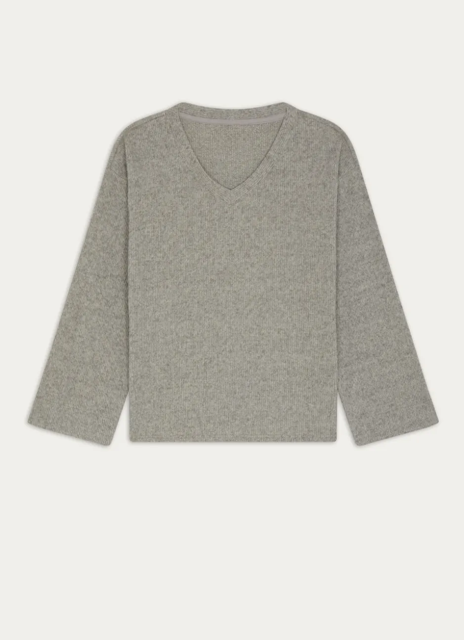 HAUT MANCHES LONGUES COL V EN MAILLE GRIS