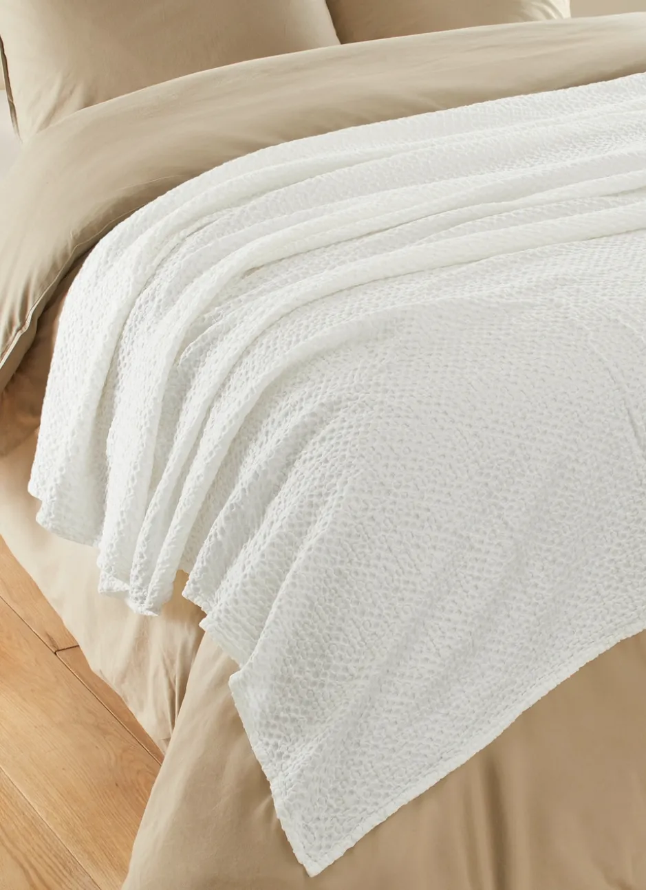 JETÉ DE LIT EN COTON LAVÉ NID D'ABEILLE BLANC