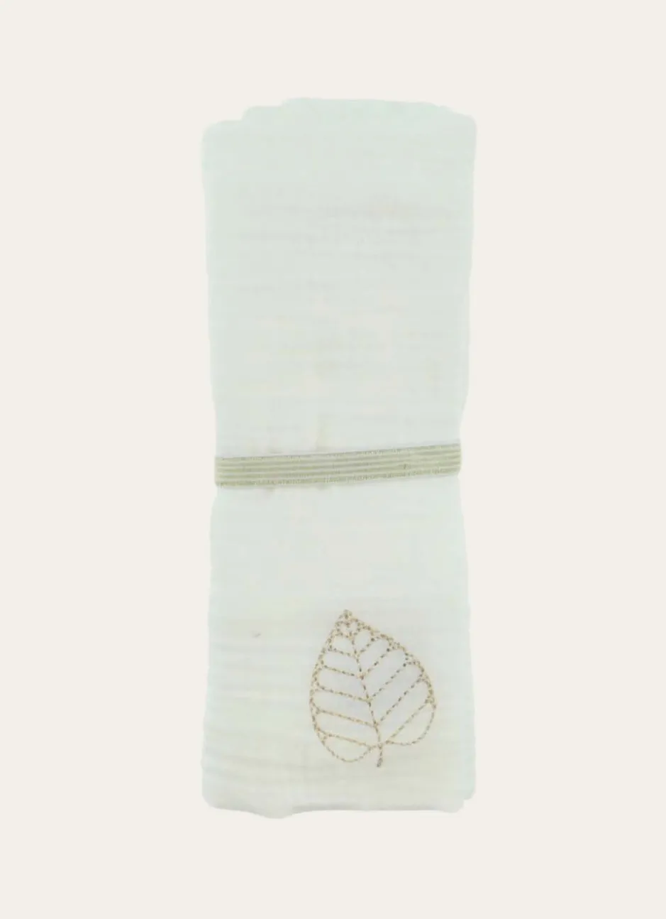 LANGE UNI EN GAZE DE COTON BRODERIE FEUILLE LAIT