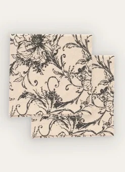 LOT DE 2 SERVIETTES DE TABLE FLEURIES ECRU ANTHRACITE