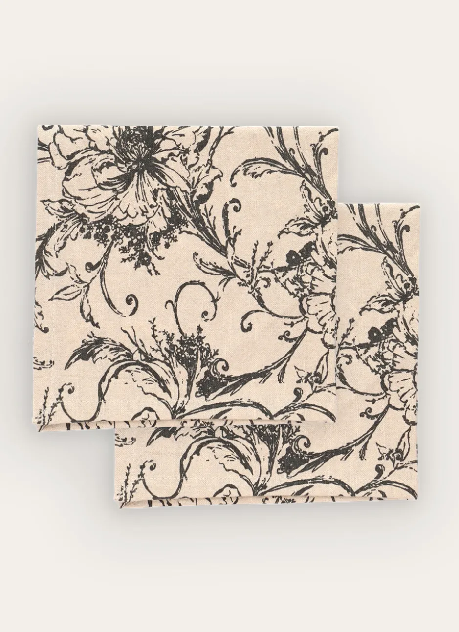 LOT DE 2 SERVIETTES DE TABLE FLEURIES ECRU ANTHRACITE