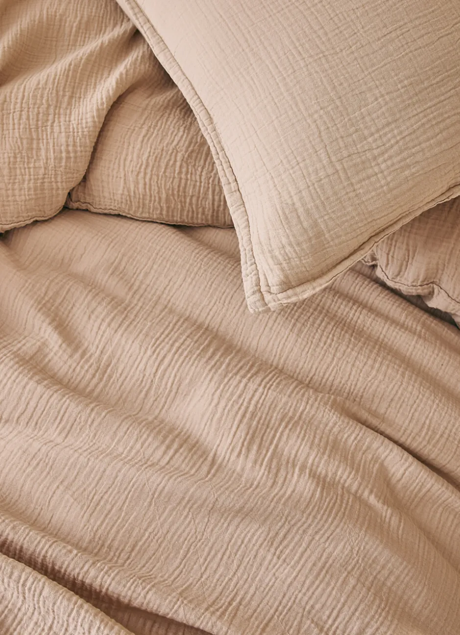 LOT DE 2 TAIES D'OREILLER DOUBLE GAZE DE COTON SABLE