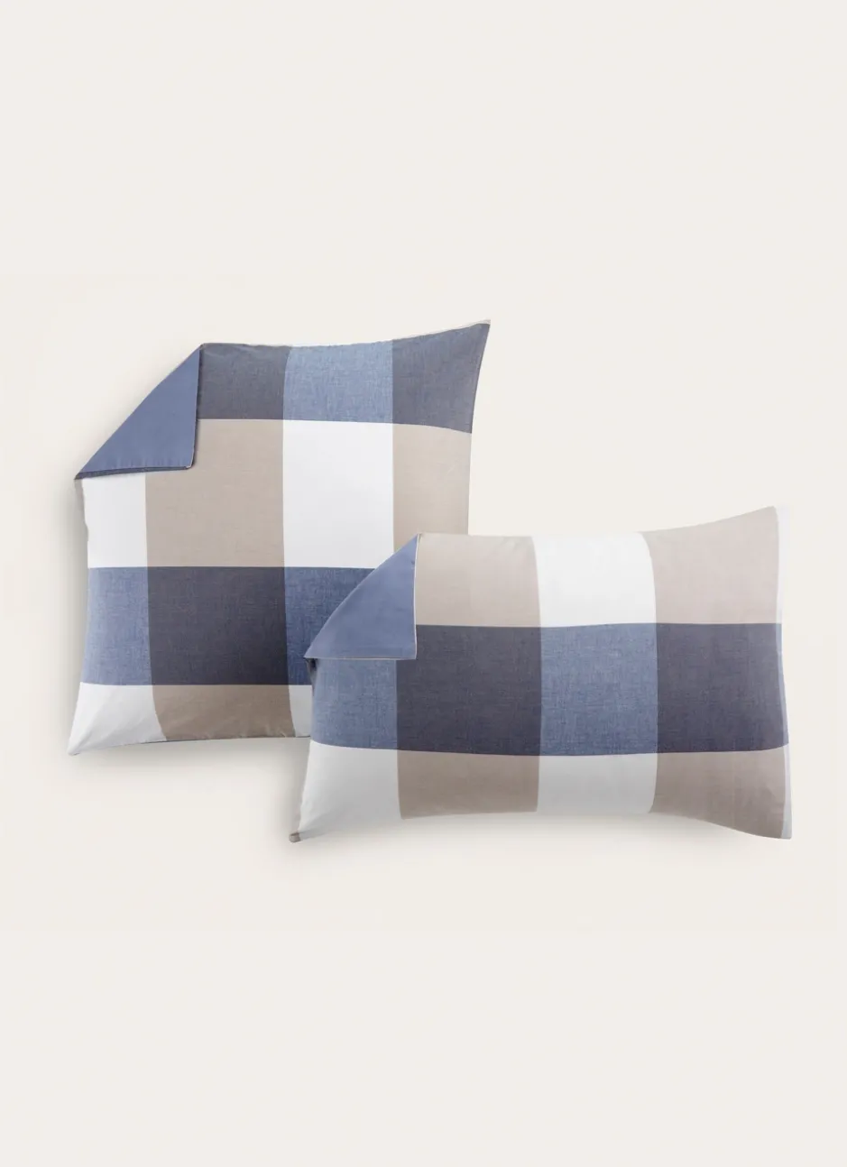 LOT DE 2 TAIES D'OREILLER EN COTON GRANDS CARREAUX BLEU