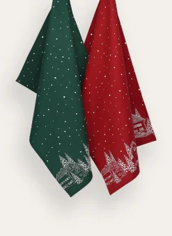 LOT DE 2 TORCHONS EN COTON IMPRIMÉ MAISONS MULTICOLORE