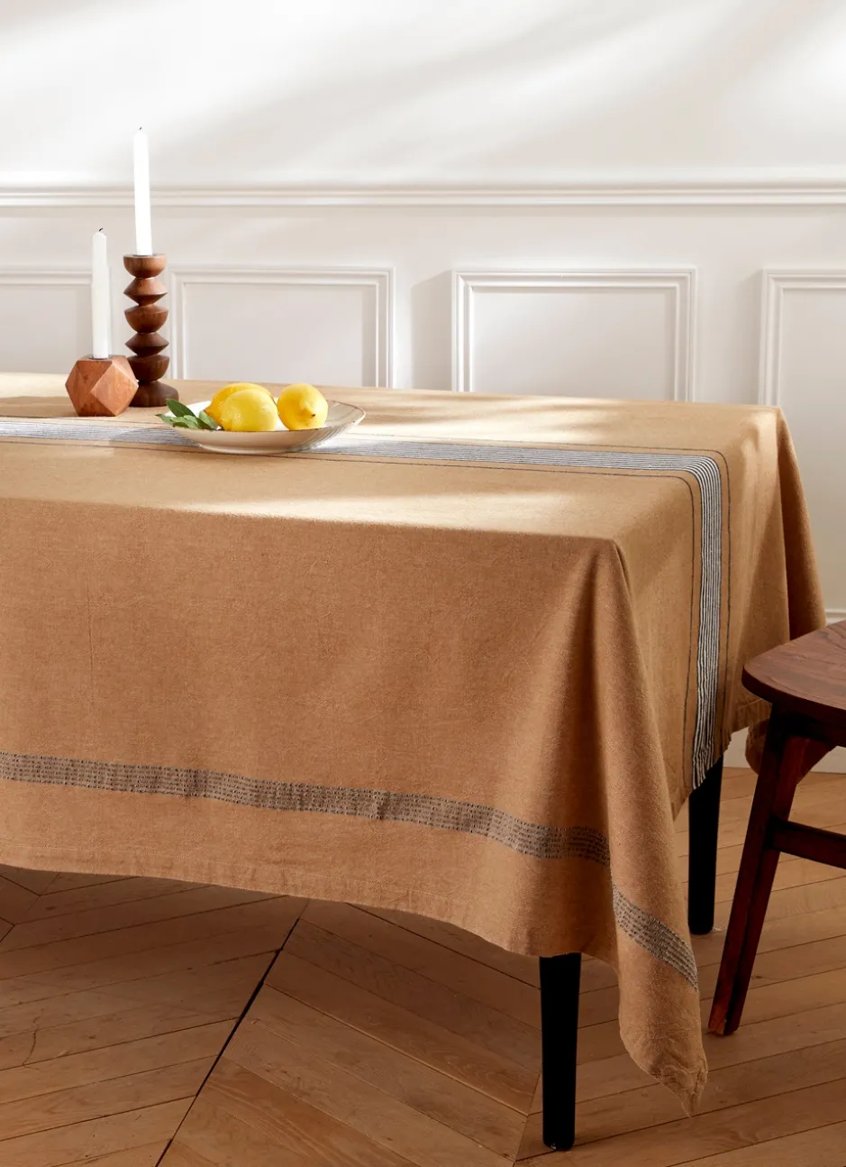 NAPPE EN COTON À RAYURES OCRE