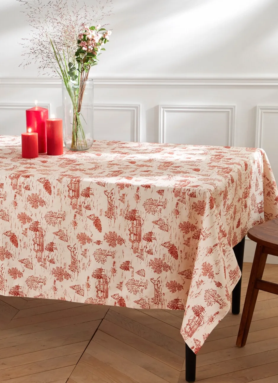 NAPPE EN COTON ANTI-TACHE SCÈNES D'HIVER NATUREL/ROUGE