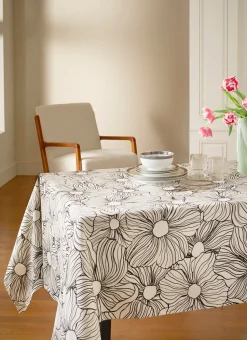 NAPPE EN TWILL DE COTON IMPRIMÉ FLEURS ANTI-TACHES BLANC NOIR