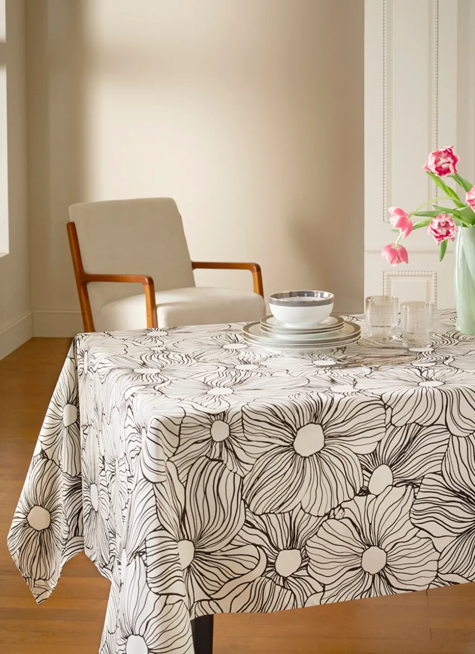 NAPPE EN TWILL DE COTON IMPRIMÉ FLEURS ANTI-TACHES BLANC NOIR