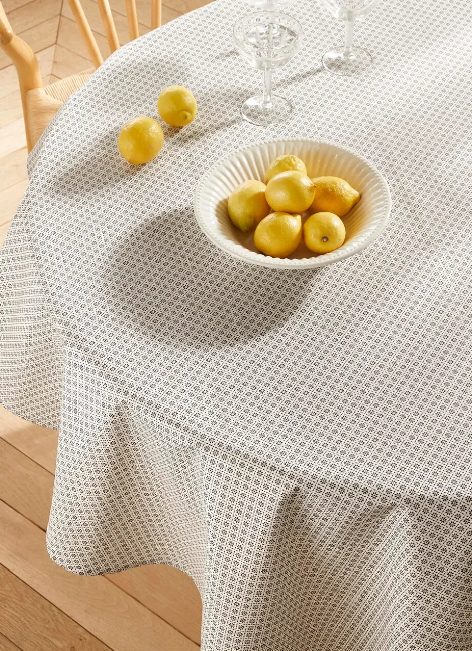 NAPPE RONDE EN COTON ENDUIT MOTIF FANTAISIE BLANC/GRIS
