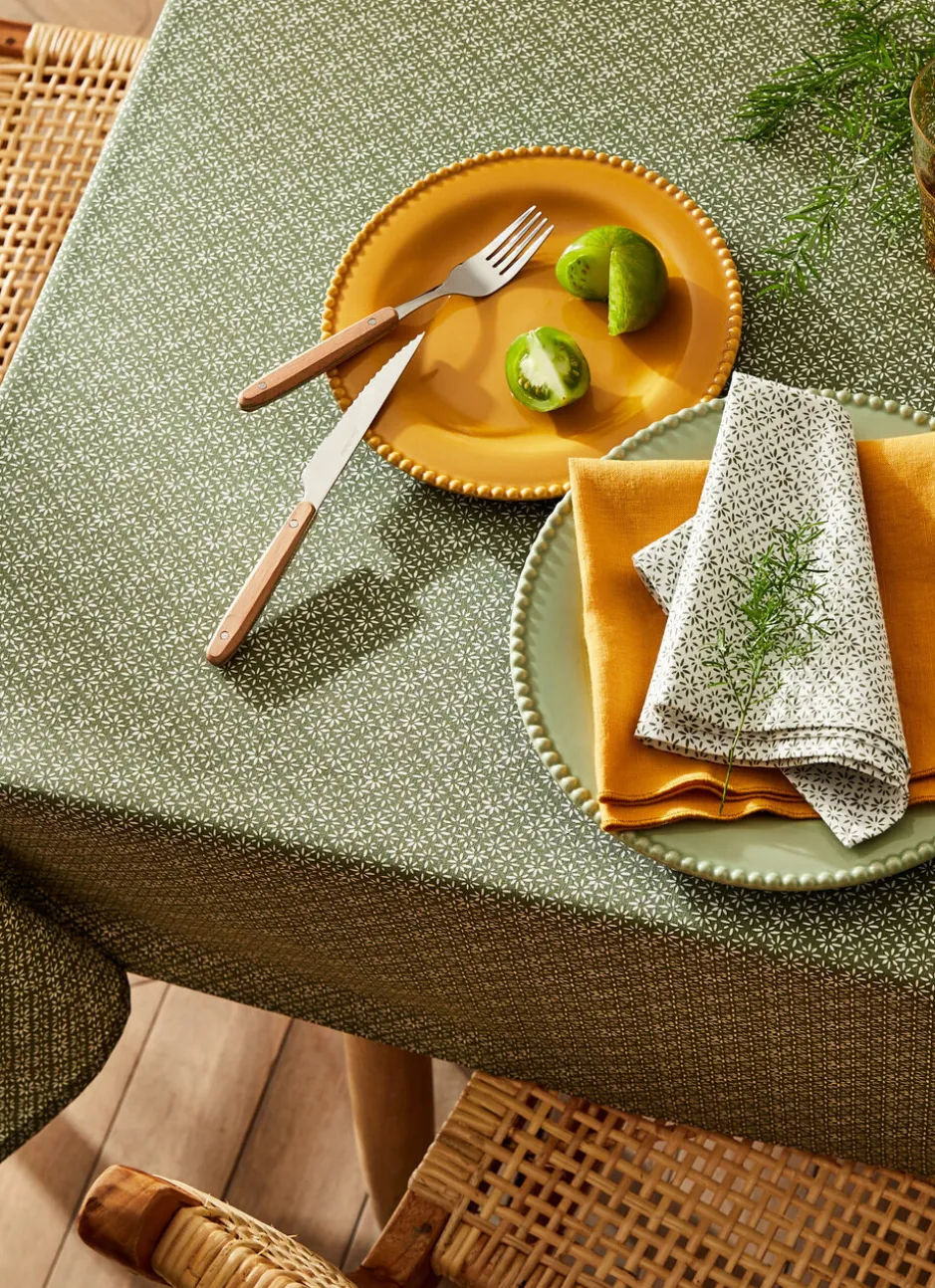 NAPPE RONDE EN COTON ENDUIT IMPRIMÉ PETITES FLEURS KAKI/BLANC