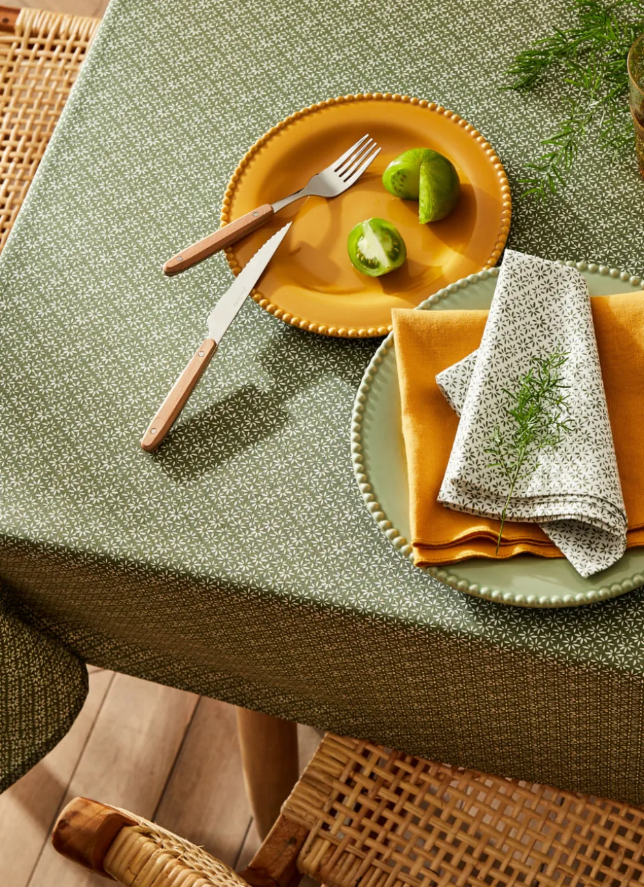 NAPPE RONDE EN COTON ENDUIT IMPRIMÉ PETITES FLEURS KAKI/BLANC