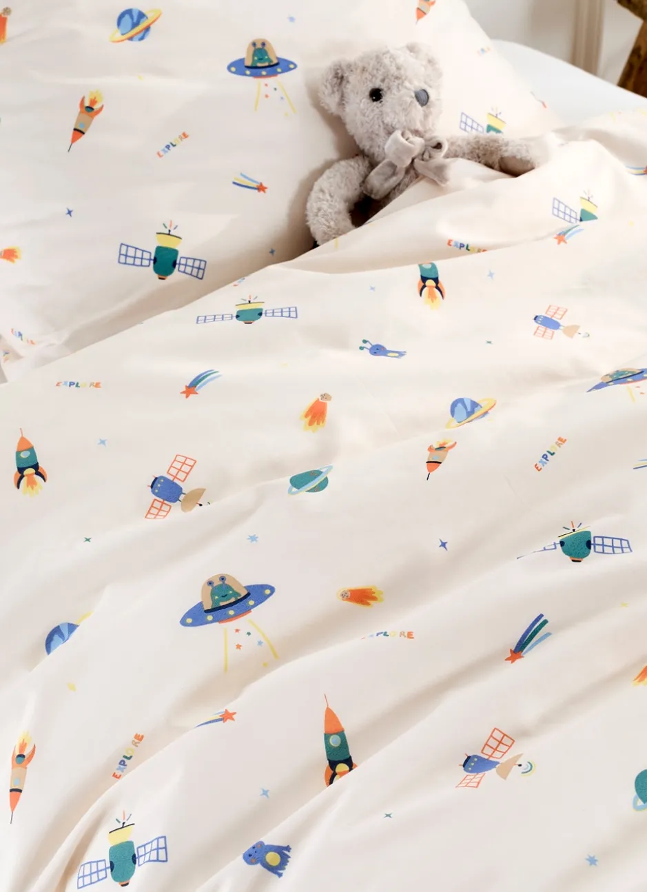 PARURE DE LIT ENFANT EN PERCALE MOTIF SPATIAL BLANC