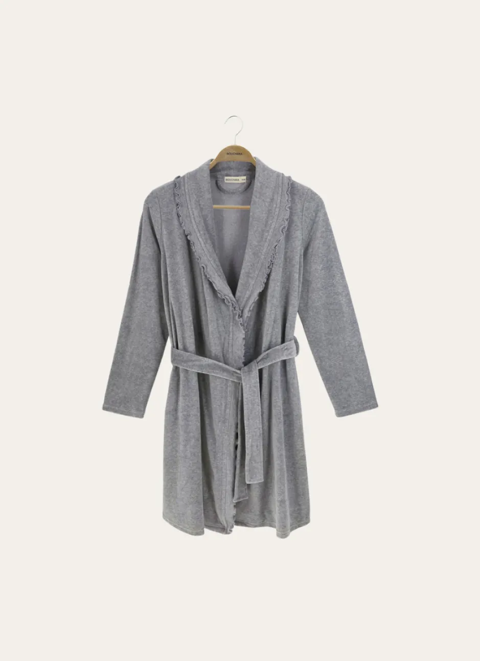 PEIGNOIR COURT EN VELOURS AVEC COL À VOLANTS GRIS
