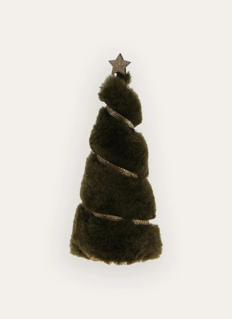 PETIT SAPIN DÉCORATIF EFFET FOURRURE AVEC RUBAN VERT FONCE
