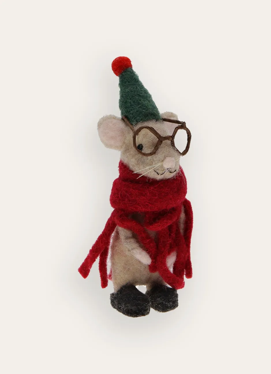 PETITE SOURIS EN FEUTRE AVEC LUNETTES ET ÉCHARPE BEIGE CLAIR