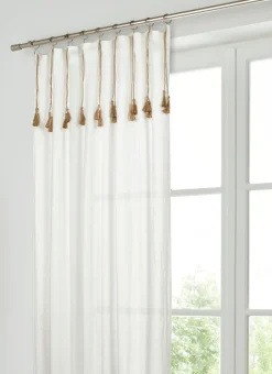 RIDEAU DOUBLE GAZE DE COTON GAUFRÉ AVEC POMPONS BLANC