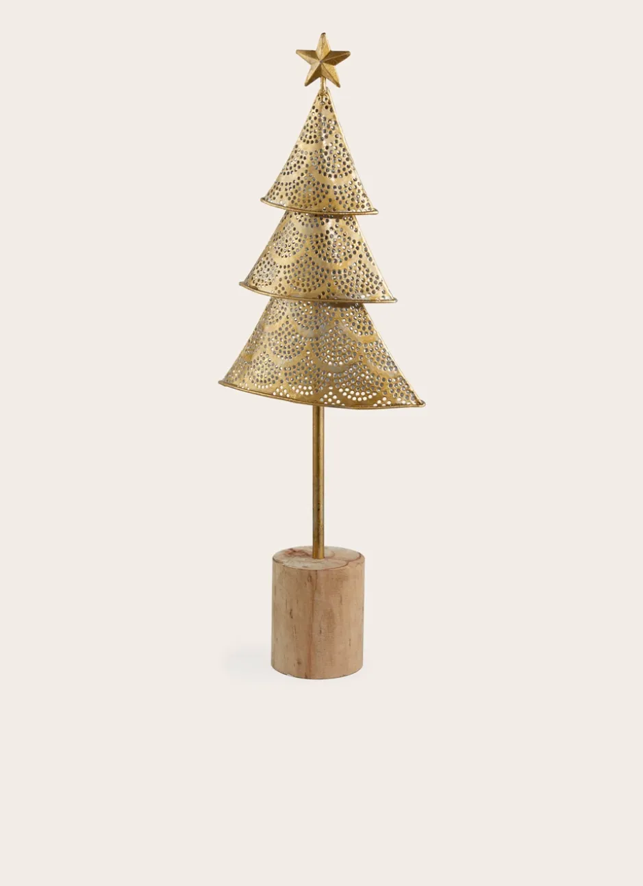 SAPIN EN MÉTAL TRAVAILLÉ AVEC PIED EN BOIS OR