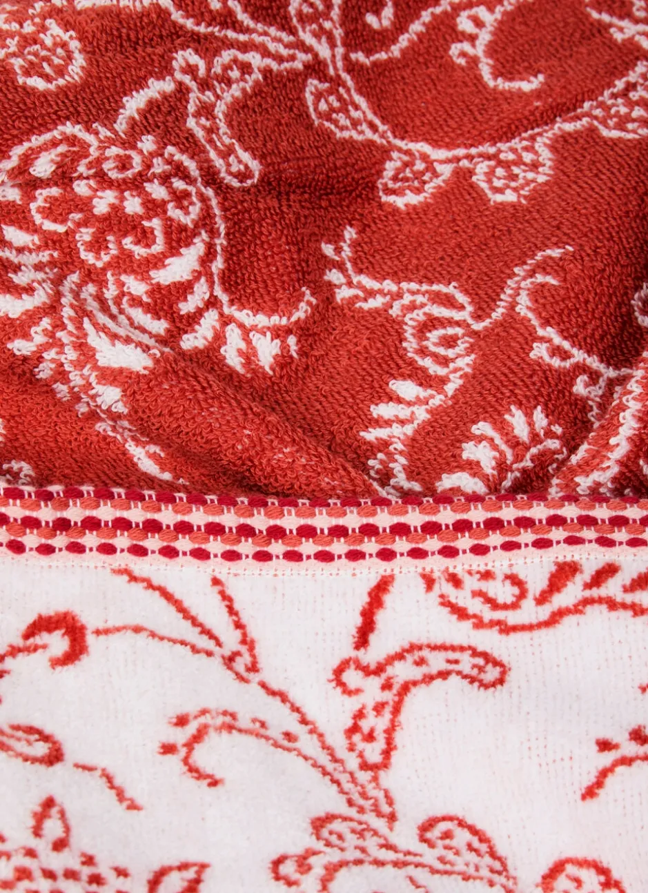 SERVIETTE DE TOILETTE JACQUARD MOTIF FLORAL ORIANE BLANC / CORAIL