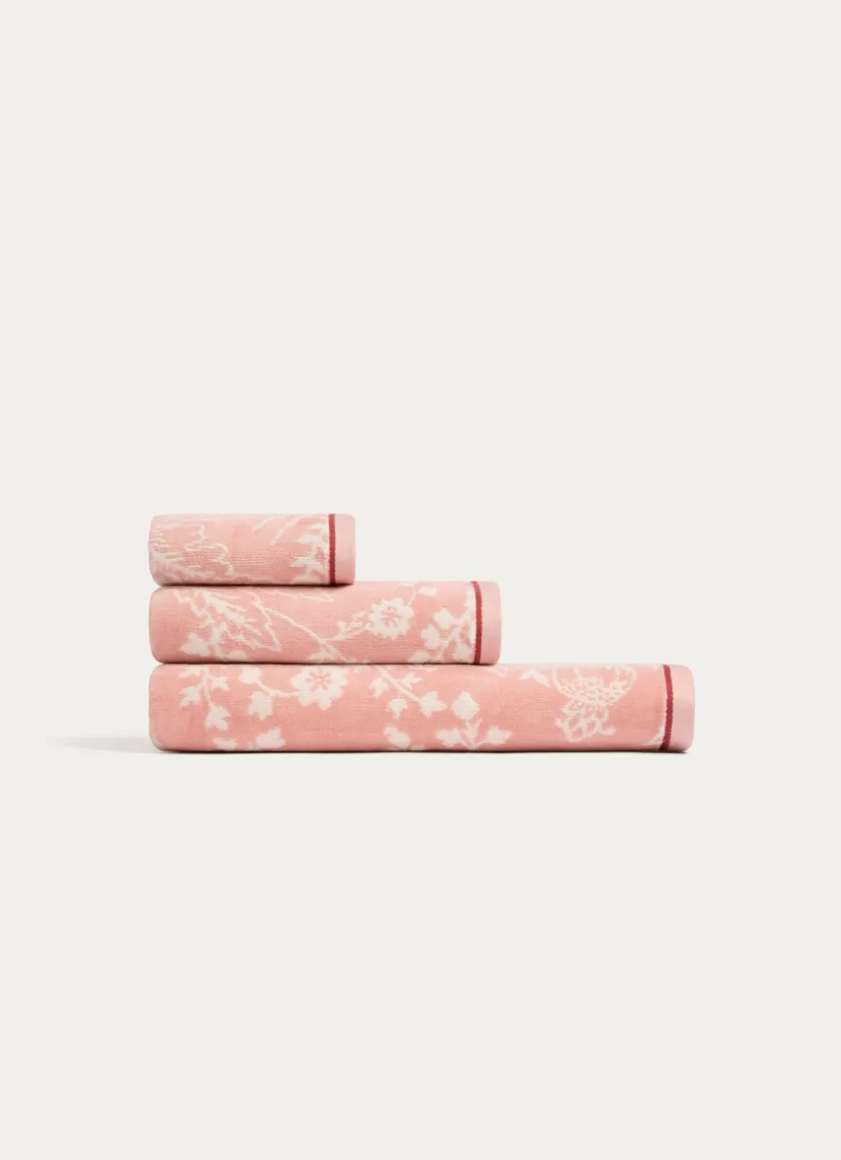 SERVIETTE DE TOILETTE JADE À GRANDS MOTIFS FLORAUX ROSE CLAIR