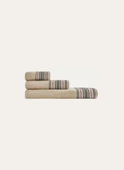 SERVIETTE DE TOILETTE UNIE AVEC LITEAU RAYÉ BEIGE