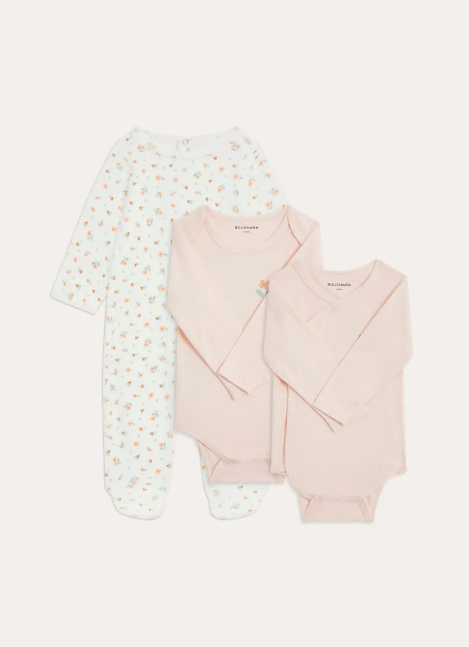 SET GRENOUILLÈRE & BODY MOTIF PETITES FLEURS ECRU