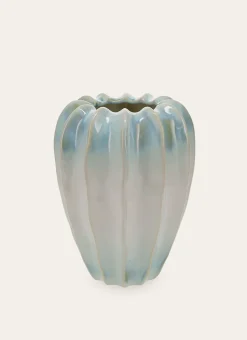 VASE EN GRÈS ÉMAILLÉ RELIEFÉ BULBE ECRU/BLEU