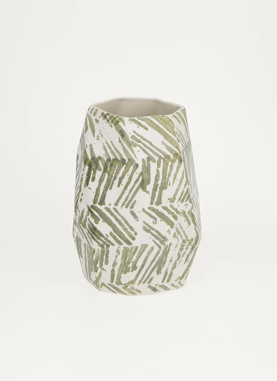 VASE MULTIPLES FACETTES EN FAIENCE BLANC/VERT